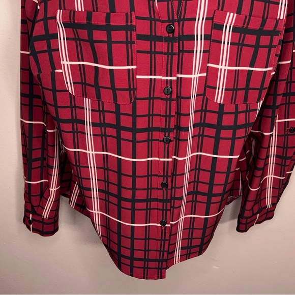 Petite XL Studio Works Red Black White Plaid Button Up Blouse Top Academia Vneck - Picture 5 of 11